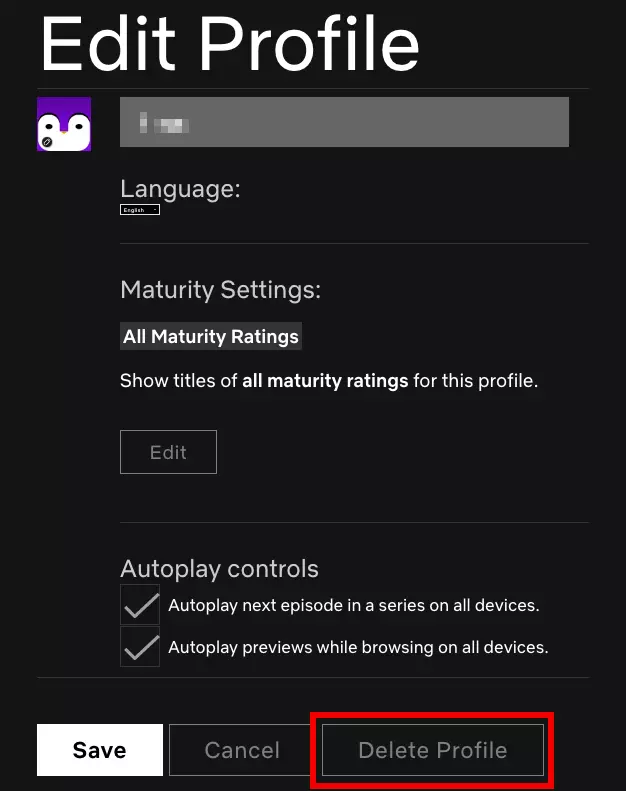 Netflix browser version: ‘Edit Profile’ screen