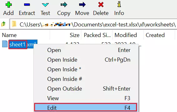 Screenshot of the Excel file, directory ‘xl\worksheets’, opened in the program 7-Zip, with context menu