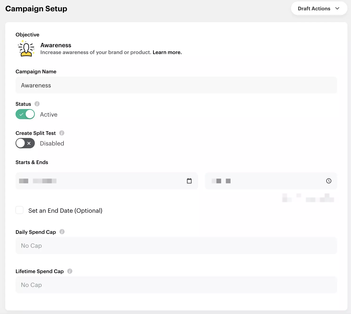 Screenshot of the ‘Campaign Setup’ in the Ads Manager