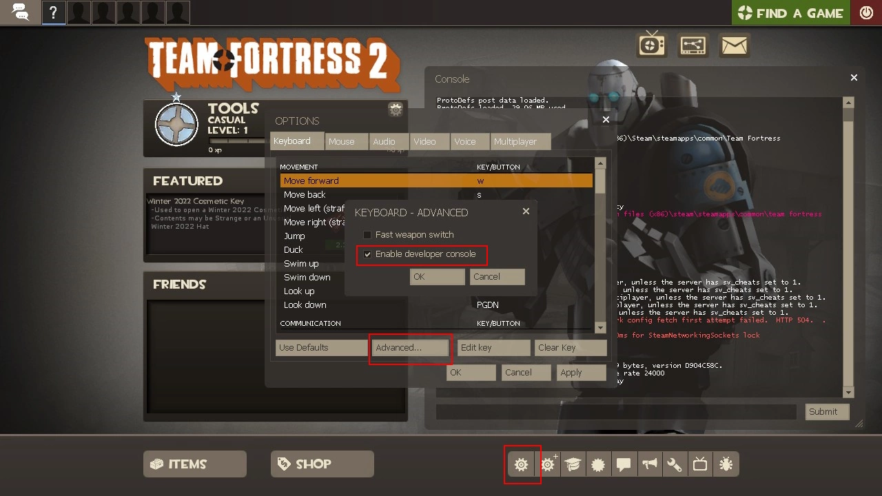 TF2 start screen: Activating the developer console