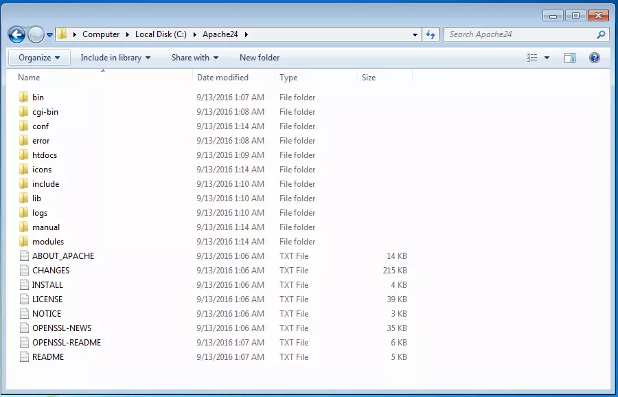 View of the local Apache web server files in the Apache24 folder
