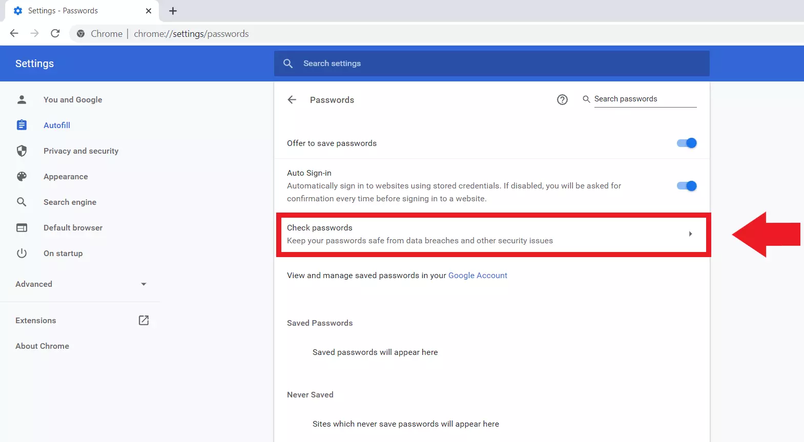 Google Chrome: ‘Passwords’ menu, ‘Check passwords’ function