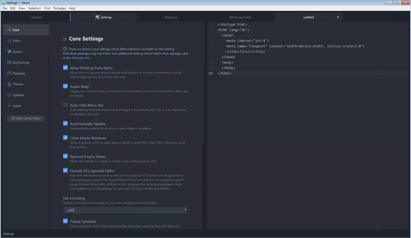 Menu of the web editor Atom