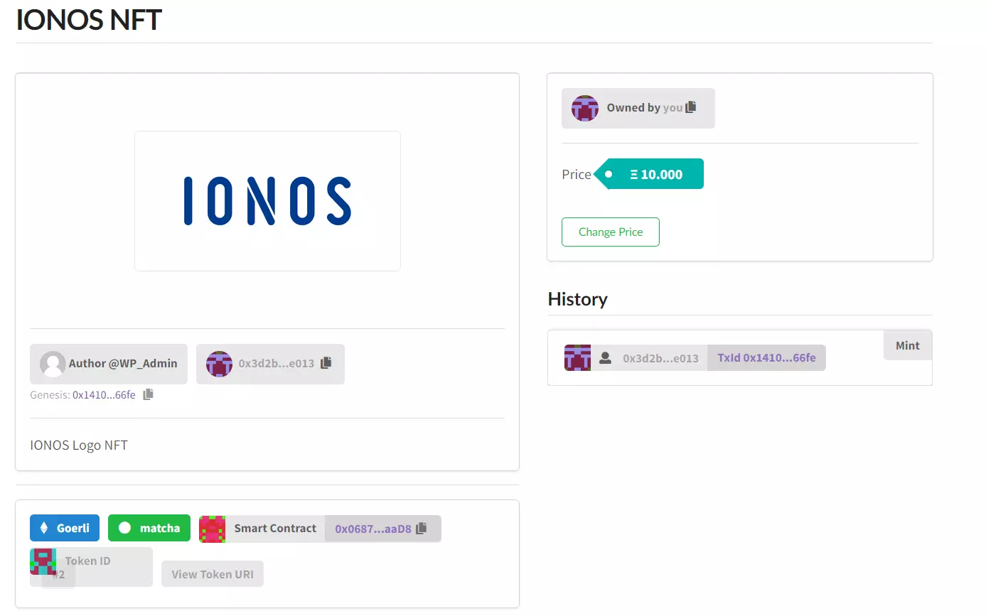 IONOS NFT in the created WordPress NFT marketplace