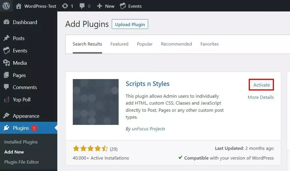 WordPress backend: Installing `Scripts n Styles´