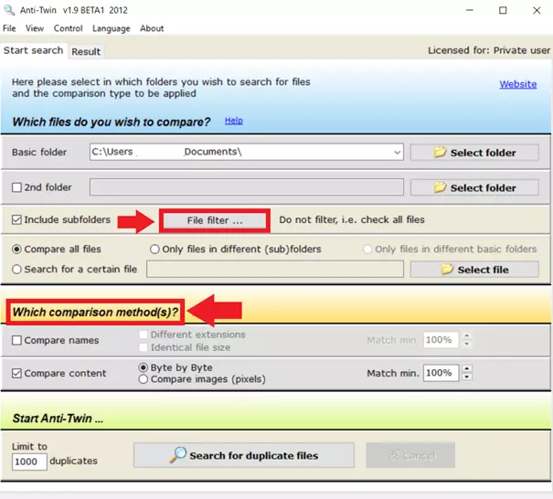 Set additional parameters for the search under ‘File filter’ and ‘Which comparison method(s)?’