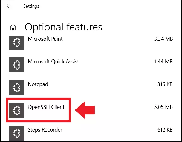 The ‘Optional Features’ menu with the OpenSSH client