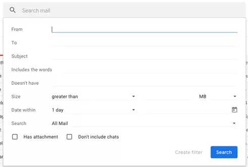 Gmail advanced search window