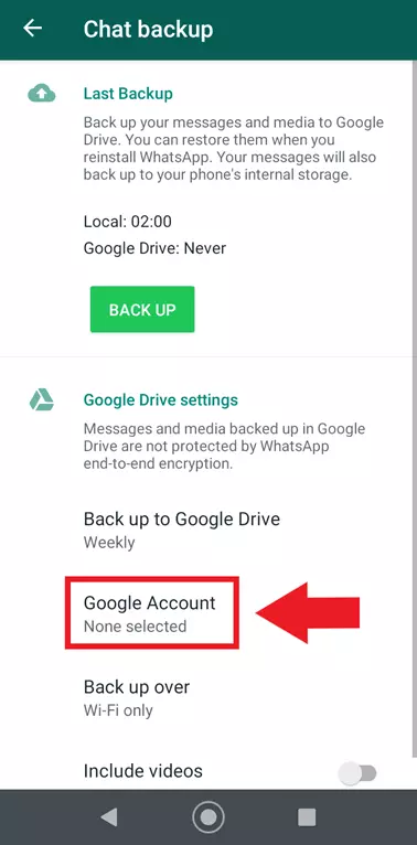 WhatsApp chat backup menu with ‘Google Account’ settings