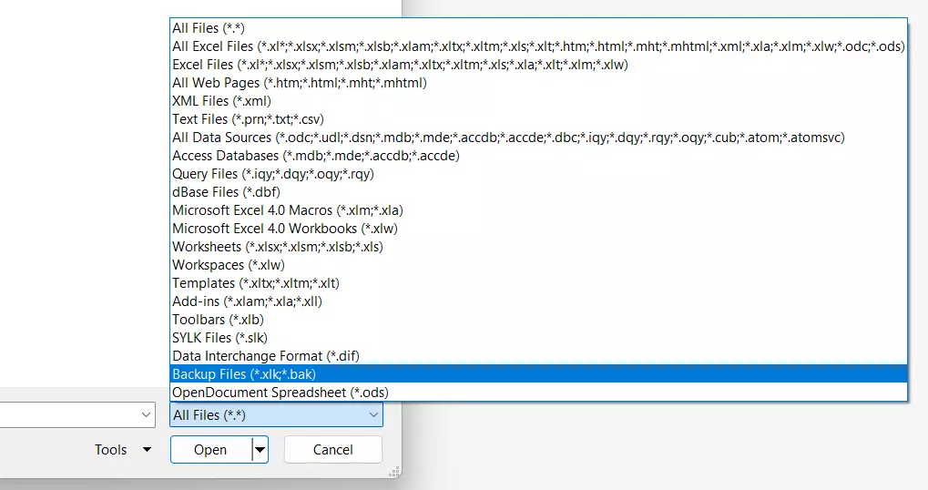 Excel: Opening a backup file