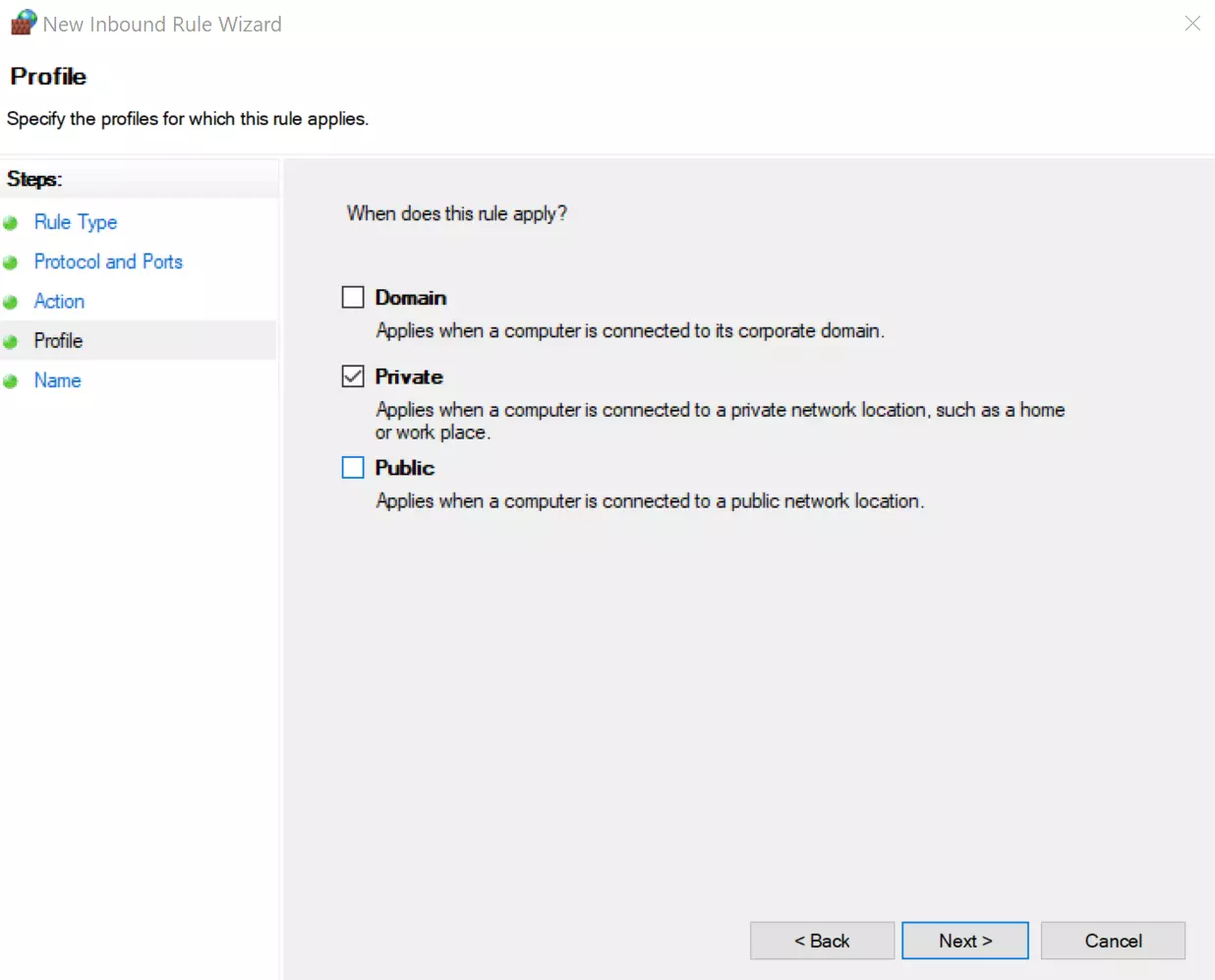 Windows Defender Firewall: profile settings