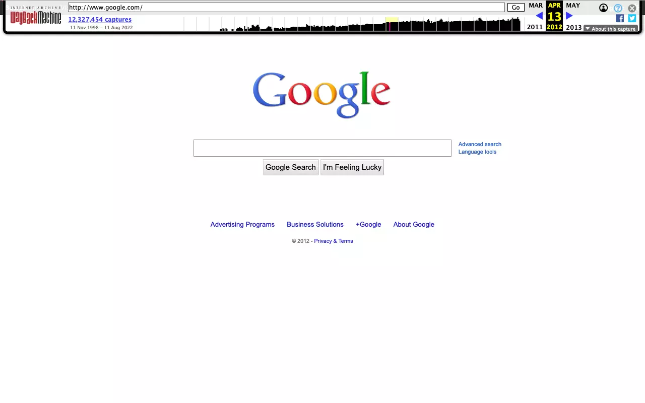 Alt text: Archived version of the Google homepage from 2012