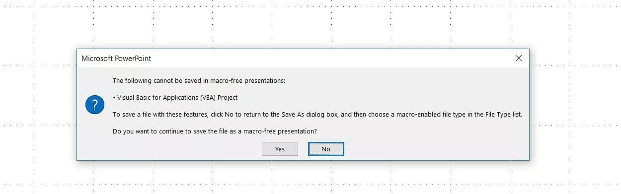 Microsoft PowerPoint: Information dialogue window when saving macros