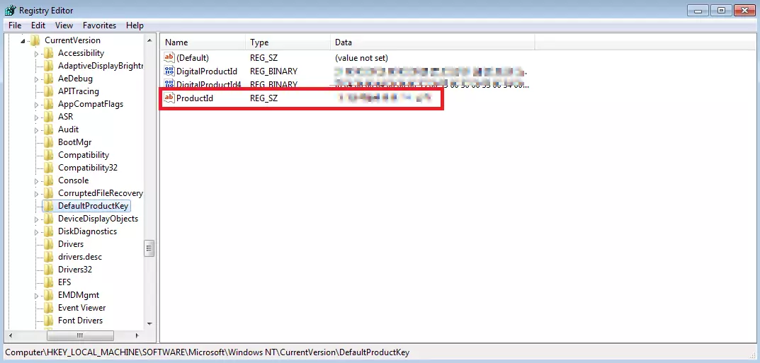 Windows Registry with the Windows 7 product key