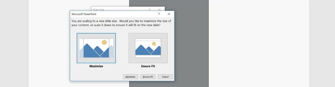 PowerPoint dialogue box: Size scaling when changing format