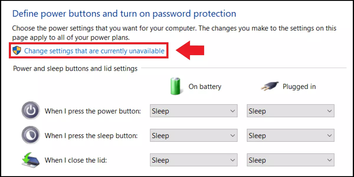 Windows 10: menu to define power saving options