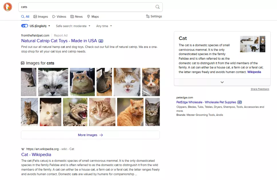 DuckDuckGo search results for the term ‘cats’