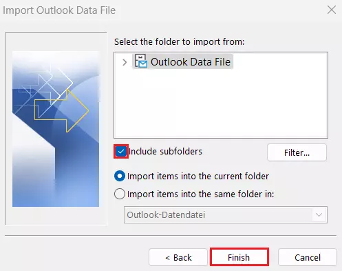 Outlook Import and Export Wizard: Selecting which folder to import