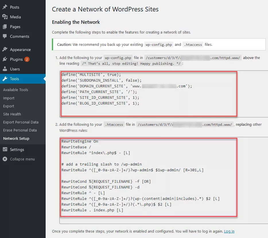 Tools – Network Setup: code snippets for enabling the network