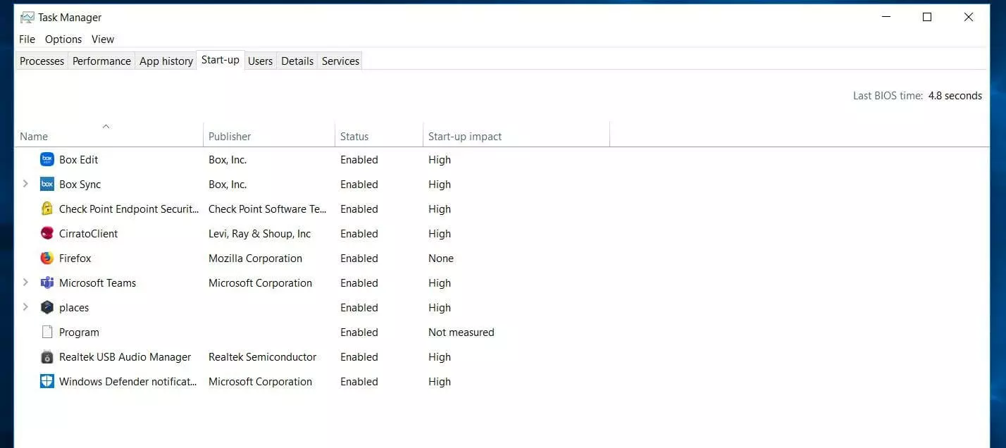 Startup tab in the Task Manager in Windows 10