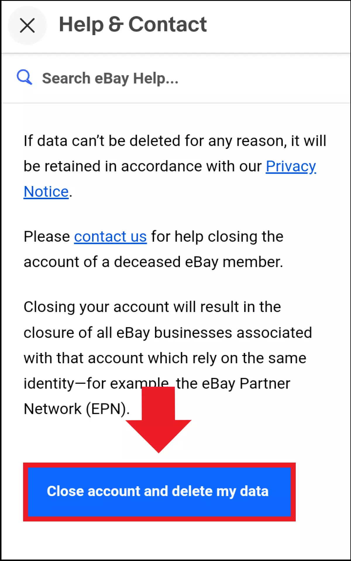 Screenshot of the eBay help page with the ‘Close account’ button