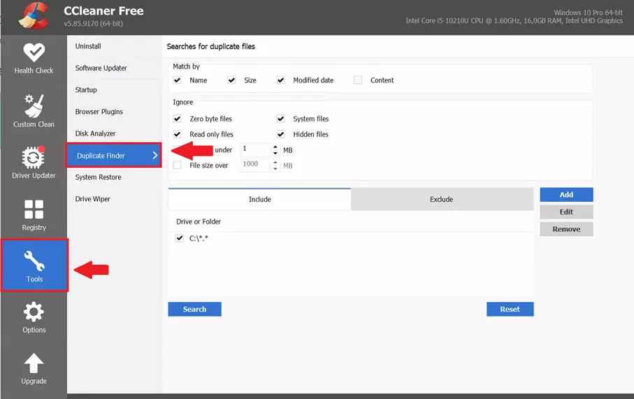 Go to ‘Tools’ and ‘Duplicate Finder’ to define the details for the duplicate file search