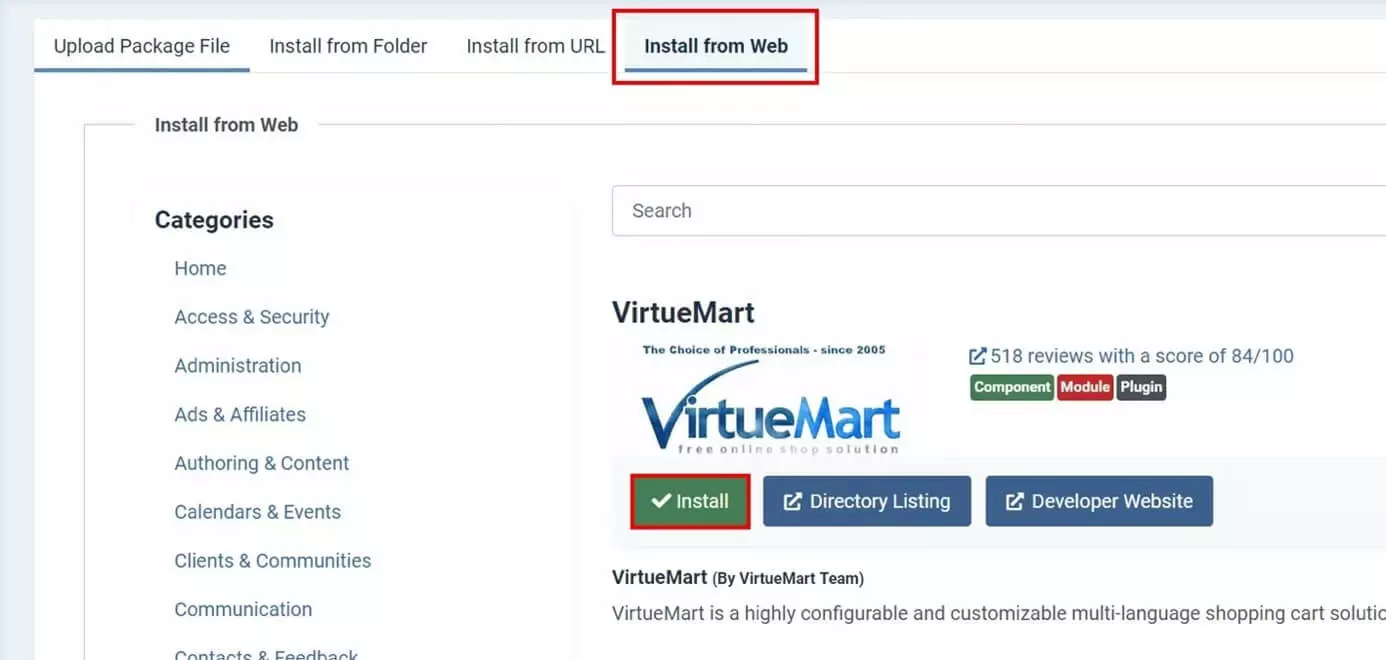 Install the Joomla web shop plugin 'VirtueMart' from the web catalog