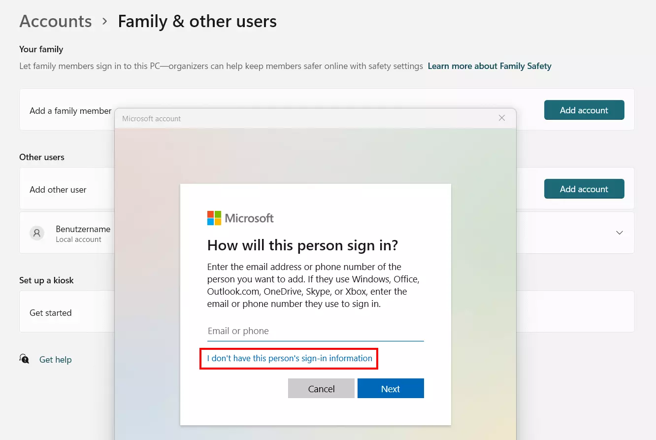 Windows 11: add a new user without a Microsoft account