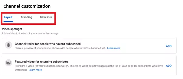 YouTube menu ‘Channel customization’