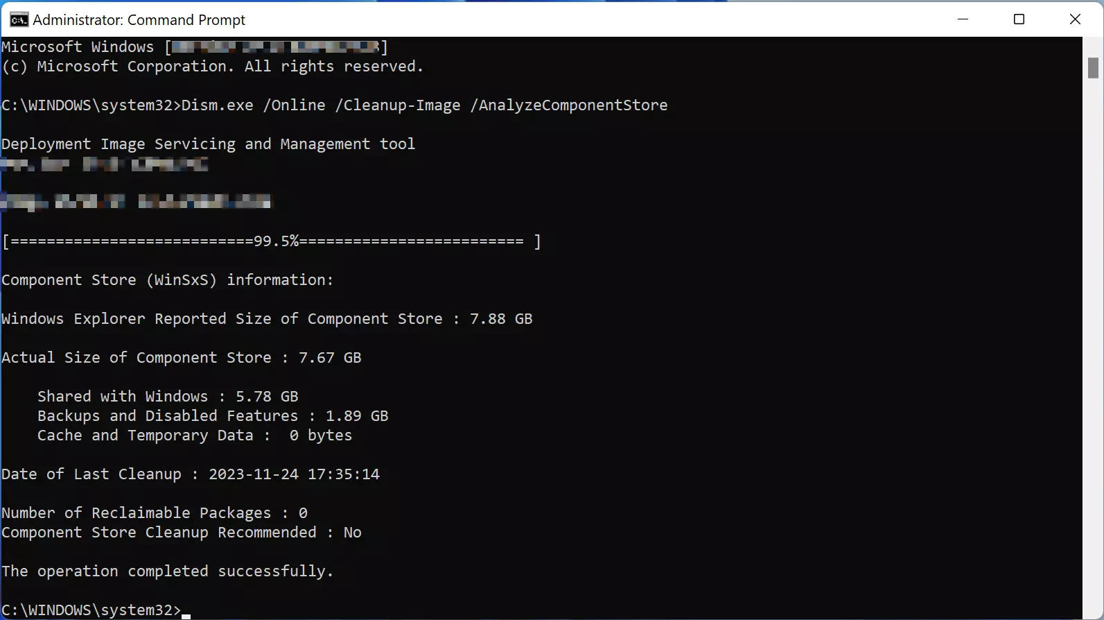 Result of using the ‘Dism.exe /Online /Cleanup-Image /AnalyzeComponentStore’ command