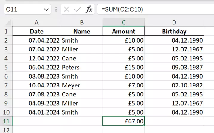 Screenshot of the SUM function in Google Sheets