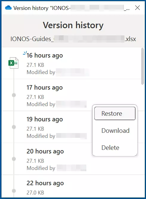 Version history of an Excel file in OneDrive