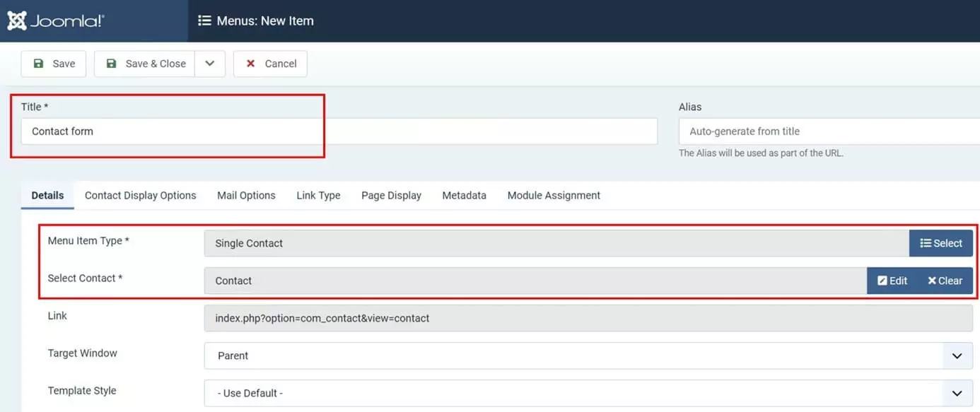 Create a Joomla contact form in the backend