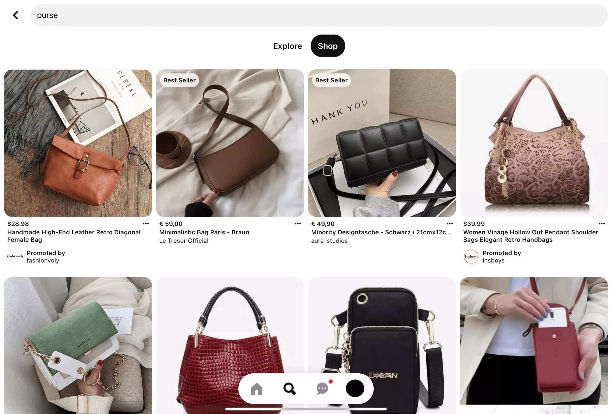 Screenshot of Pinterest app with search query ‘purse’