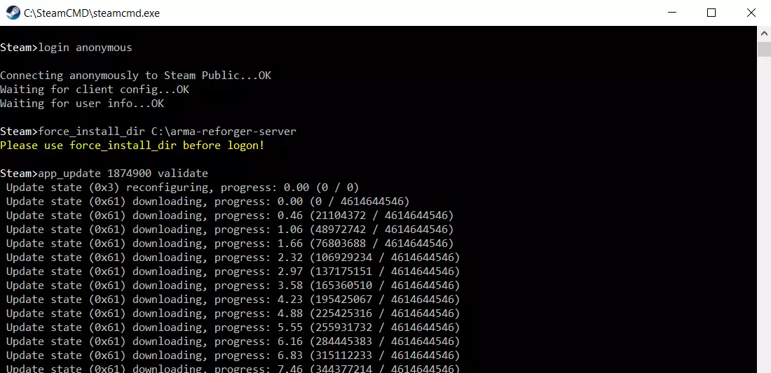 SteamCMD: ‘Arma Reforger Server’ login and installation