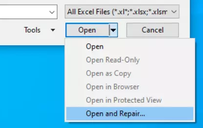 Selecting ‘Open and Repair’ in Excel