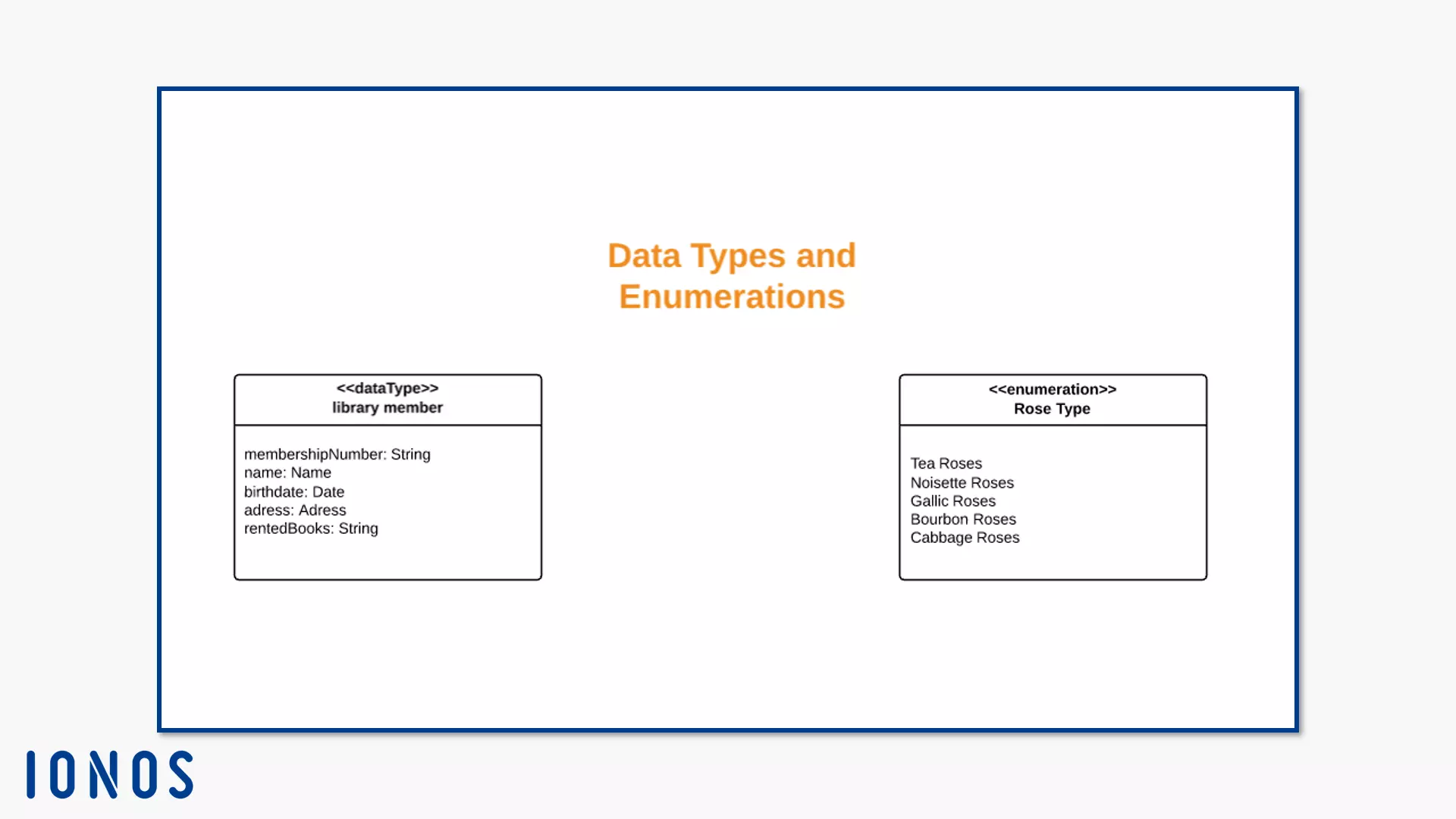 : Notation for the structured data type “library member” and the enumeration “rose species”.