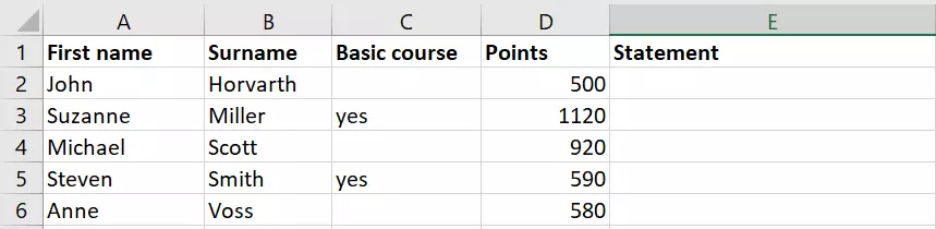 Excel IF OR: Spreadsheet with the desired statements in column E