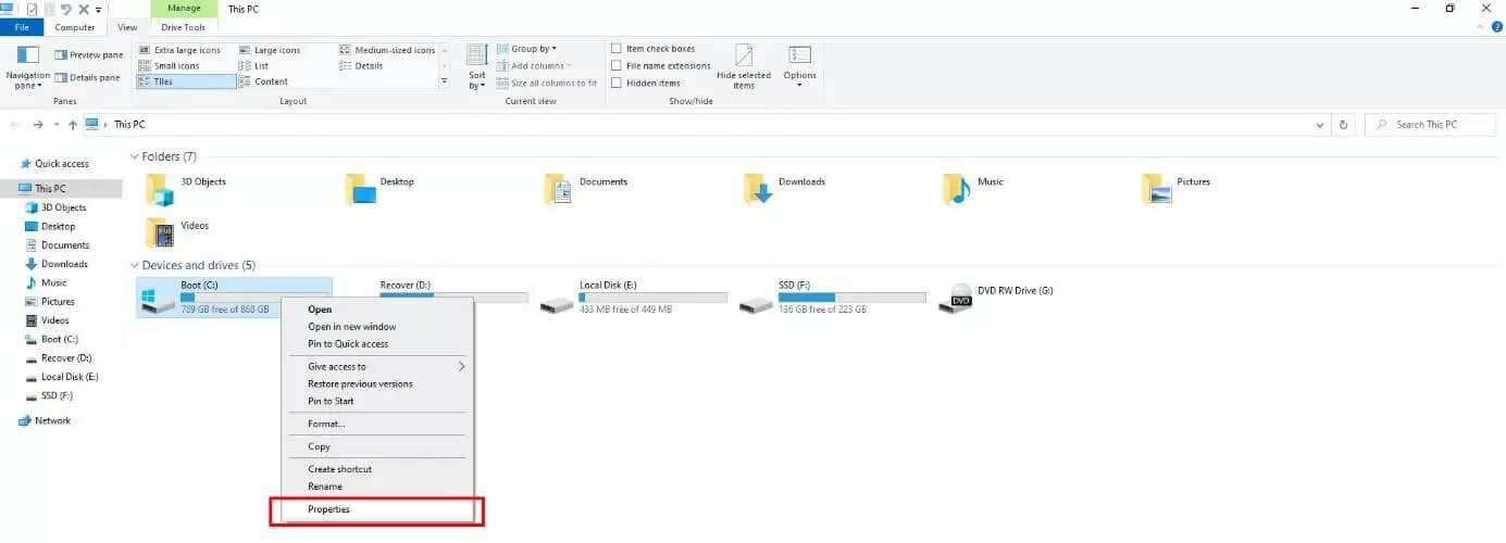 Windows file explorer: “This PC” overview