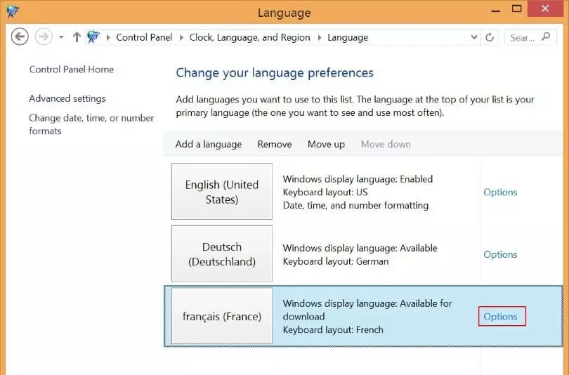 “Change your language preferences” window.