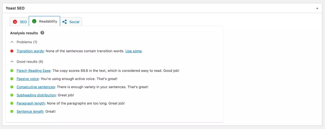A readability analysis in the Yoast SEO plug-in
