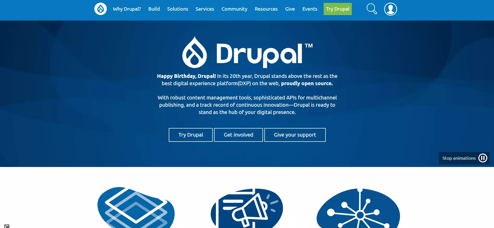 The homepage of the Drupal project