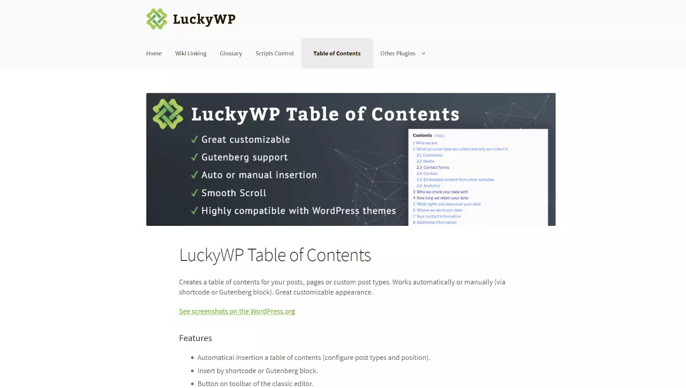 Information page of LuckyWP Table of Contents on developer website