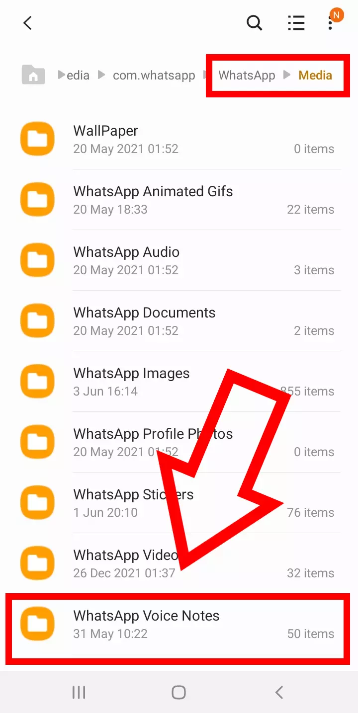 Android screenshot of the ‘Media’ folder containing the ‘WhatsApp Voice Notes’ folder