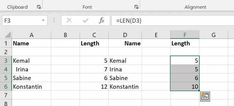 Excel: using the LEN function to check the corrected character count