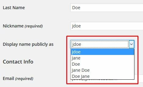 Display name publicly drop-down menu