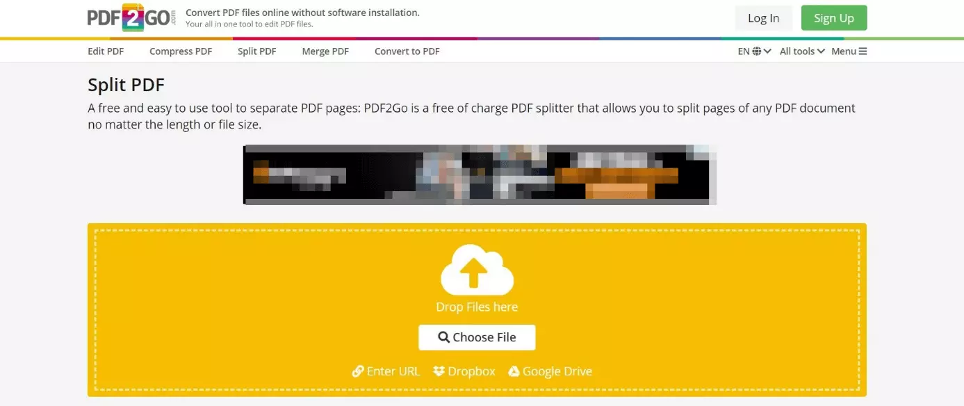 The PDF2GO website for splitting PDFs