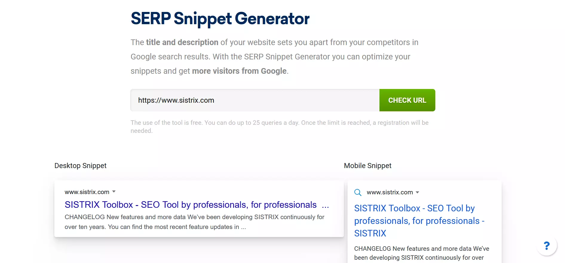 Screenshot of Sistrix Serp Snippet Generator