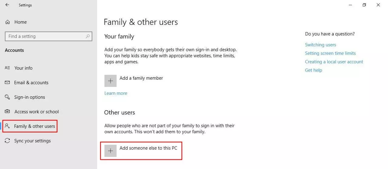 The “Family & other users” Windows 10 menu