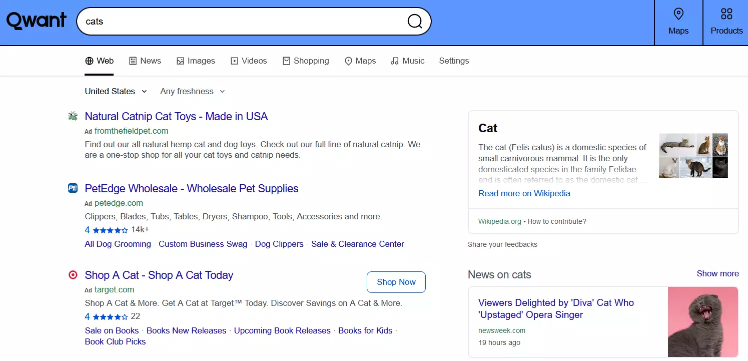 Qwant search results for the term ‘cats’